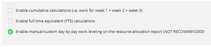 Other Settings in Project Insight for cumulative data reporting, FTE calculations, and advanced resource planning options.