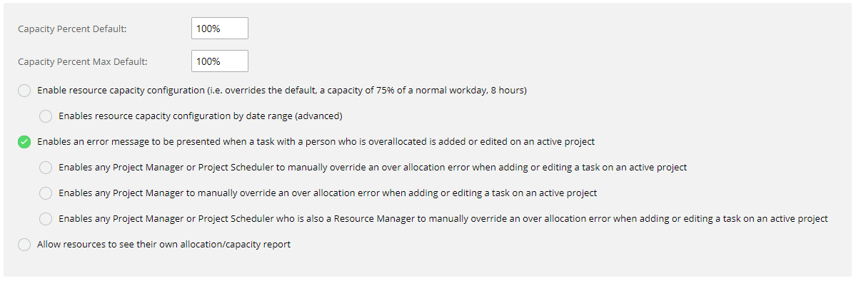Allocation and Capacity Settings in Project Insight for resource capacity defaults and over-allocation warning options.