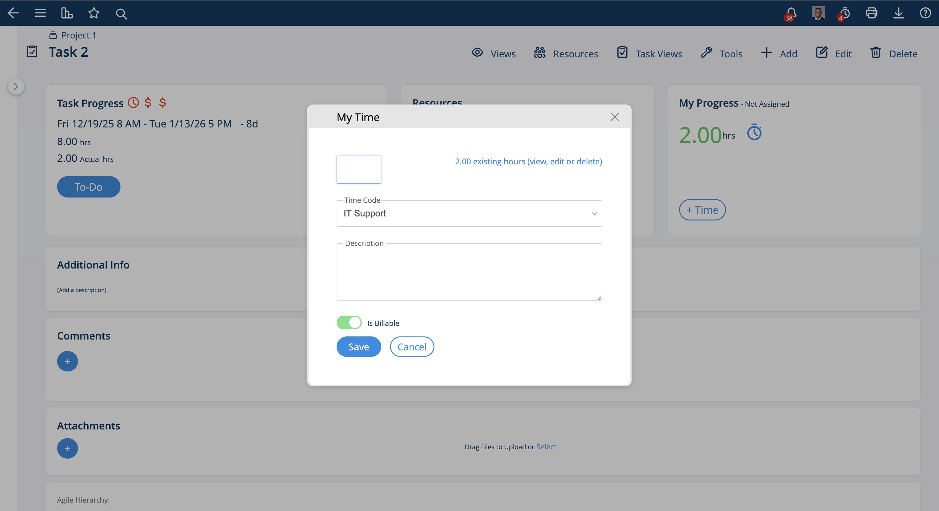Add Time button on Task Detail page