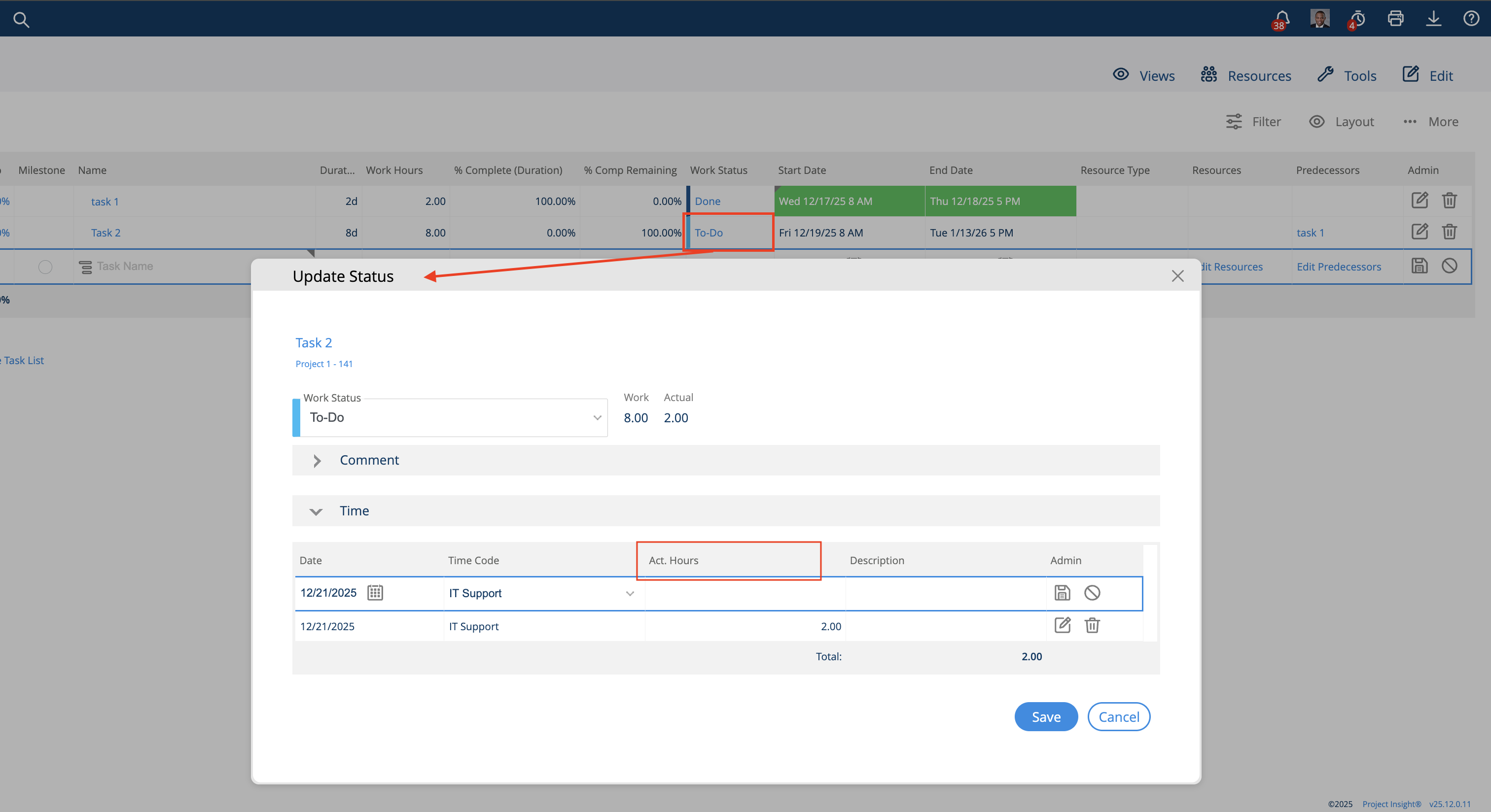 Enter time from Task List using Work Status