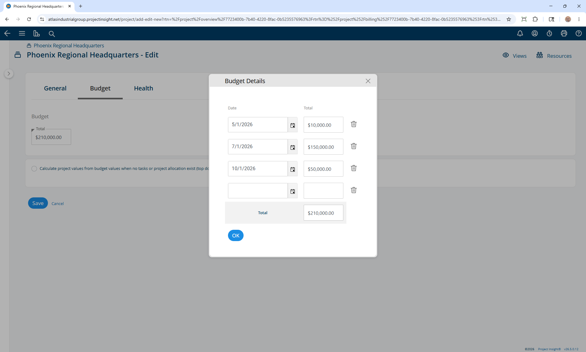 Project-level budget setup in Project Insight