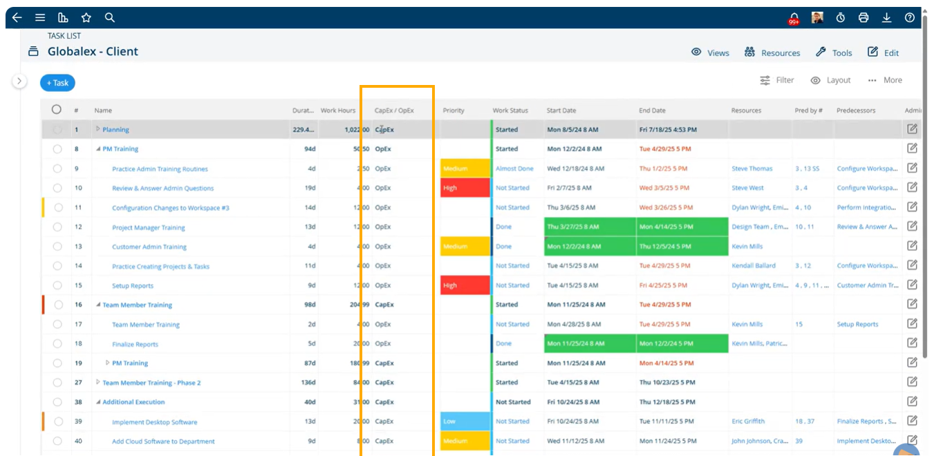 CapEx OpEx fields in Project Insight