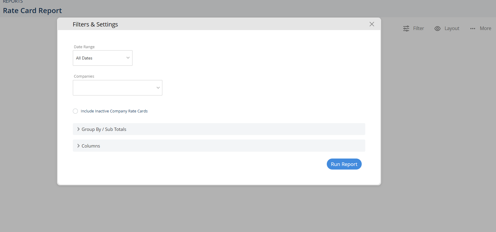 Company Rate Card Report filters and display options
