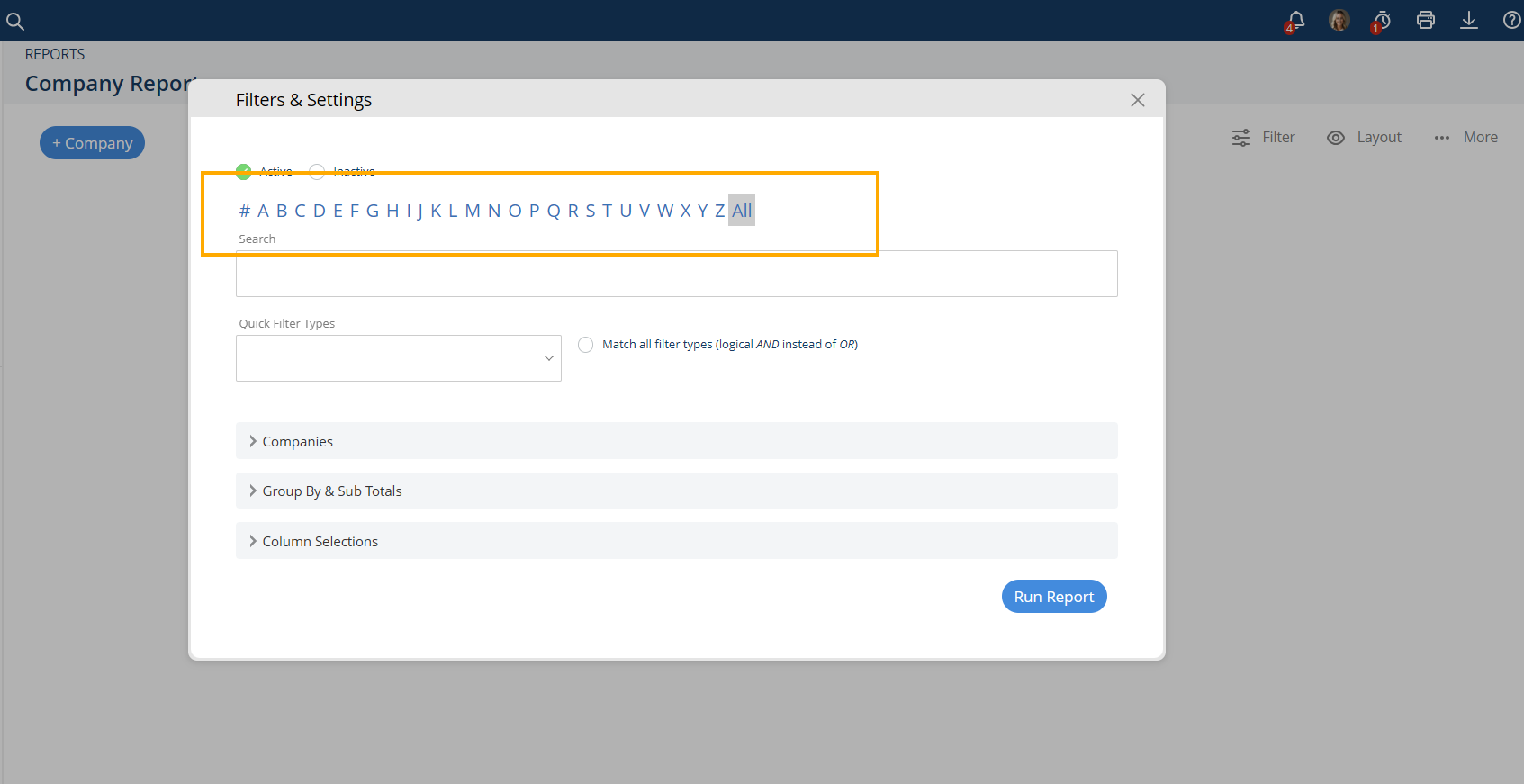 Alphabet and search filters for the Company Report