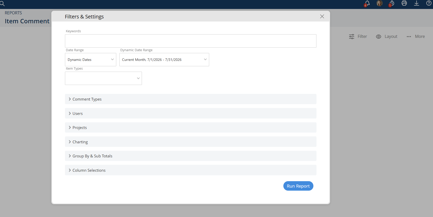 Specific date range options in the Comment Report