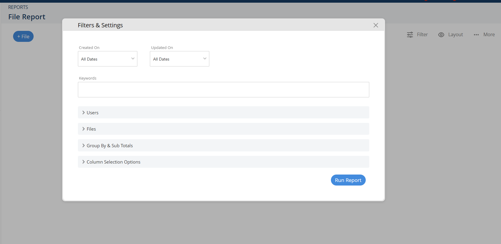 File Report filters in Project Insight