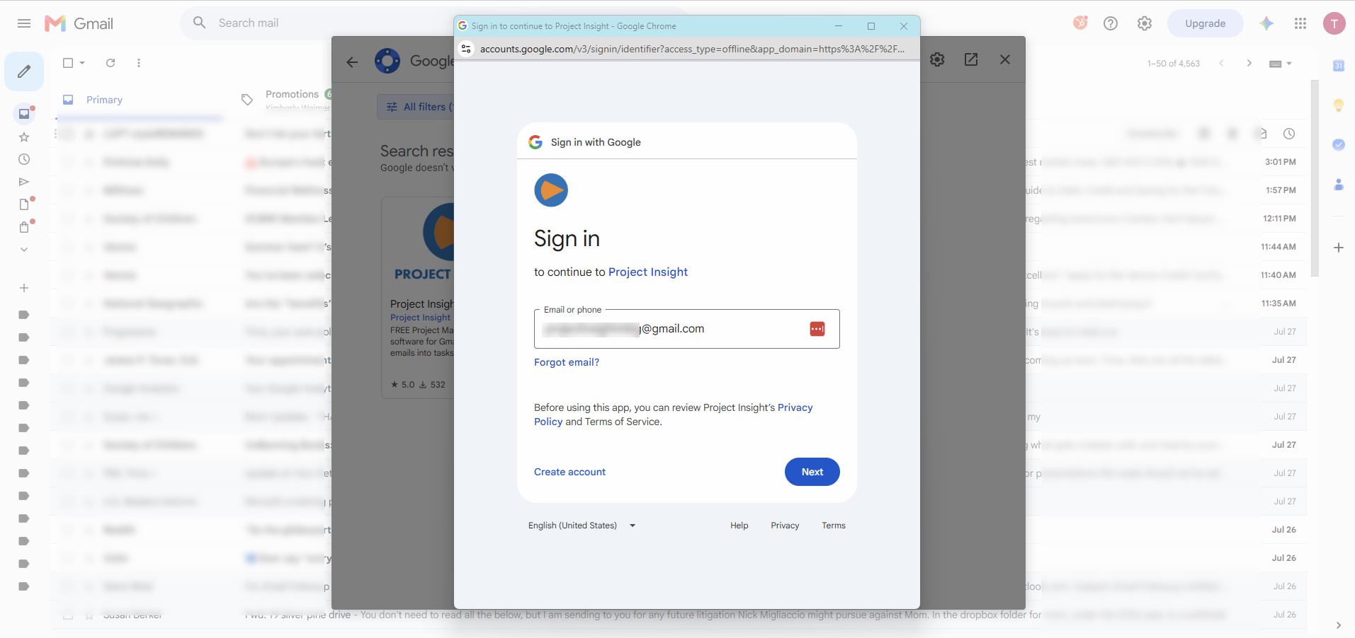 Google account sign-in window for Project Insight