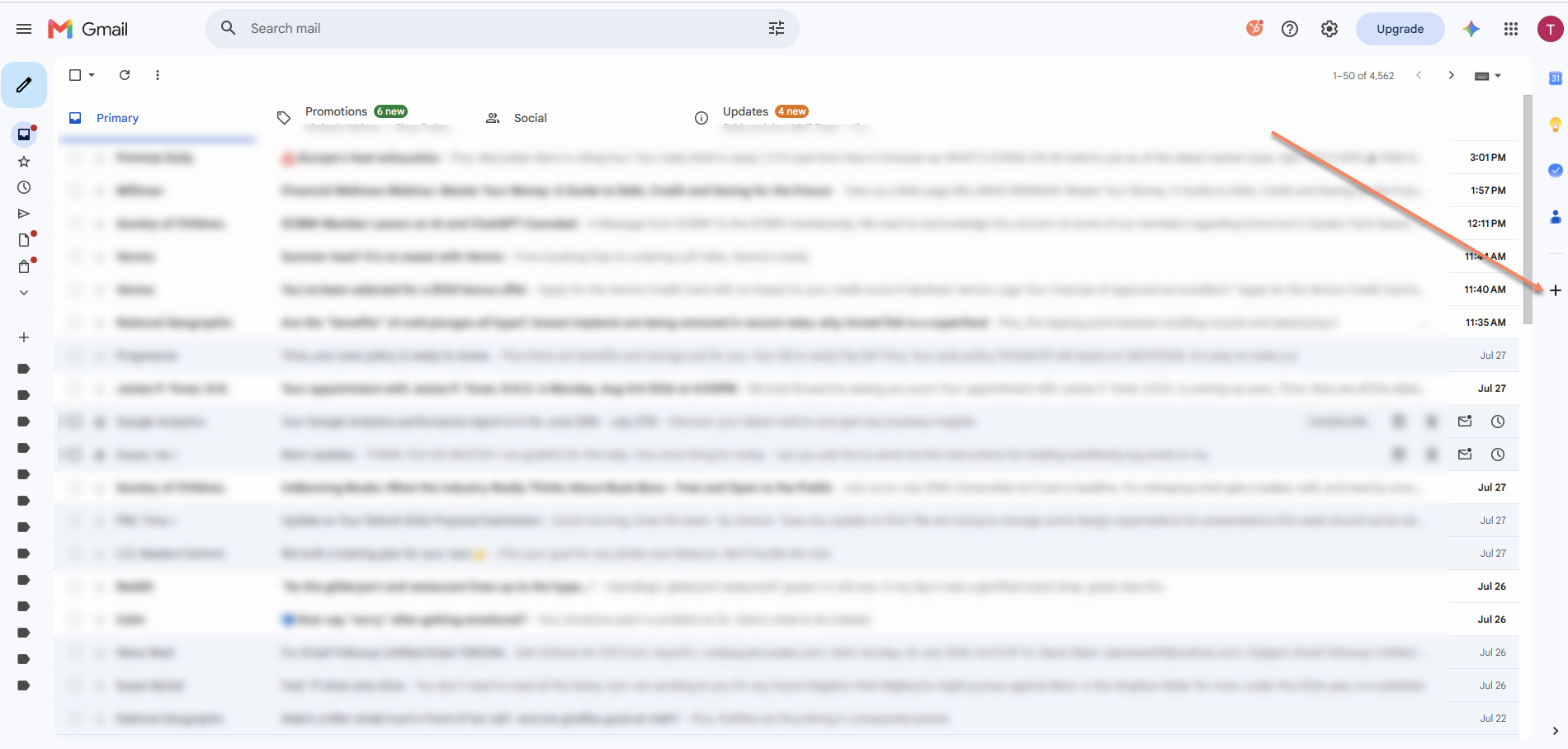Plus sign in the Gmail right-side panel