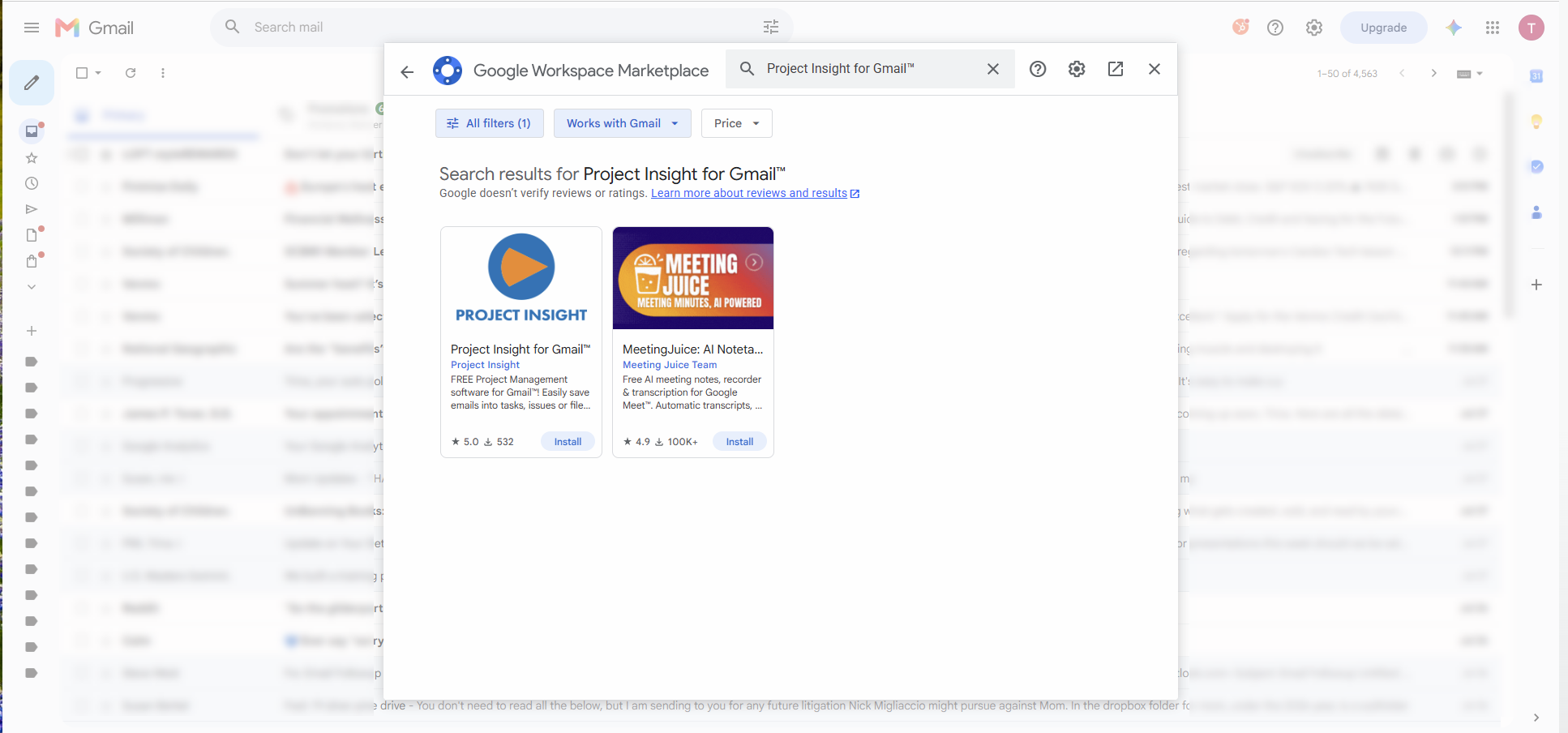 Project Insight for Gmail in Google Workspace Marketplace search results