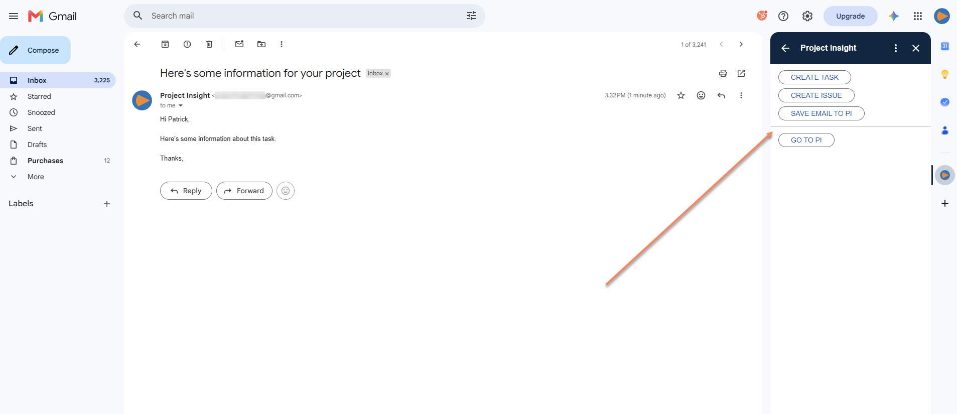 Project Insight add-on panel open beside a Gmail message